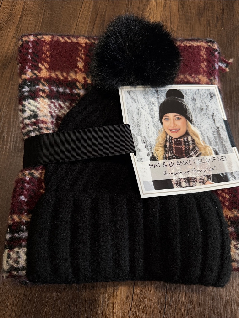 Emanuel‎ Geraldo Hat & Blanket Scarf Set Black Pom Pom Beanie Burgundy Plaid NWT